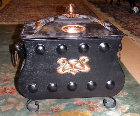 Lot image - Victorian Style Copper Mounted Black Painted Tole Coal Scuttle and Brass Trivet