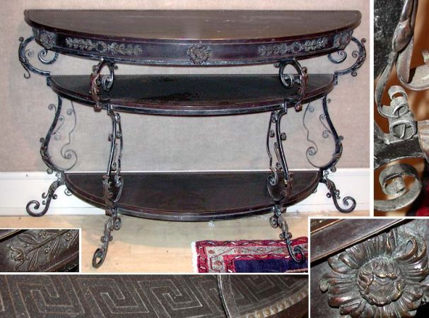 Lot image - Continental Rococo Style Patinated-Metal and Wrought Iron Three-Tier Demilune Console