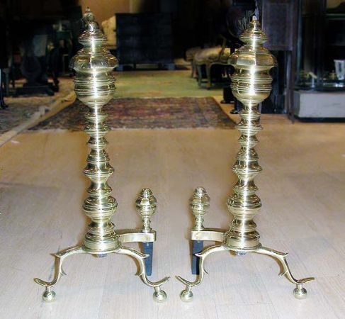 Lot image - Pair of Georgian Style Brass Andirons, Set of Tools and a Bed Warmer