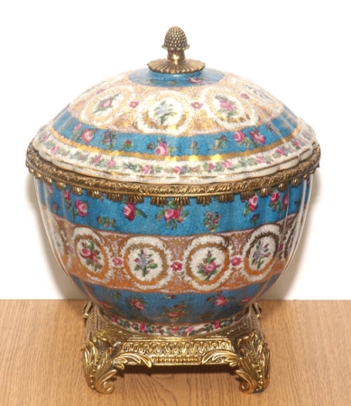 Lot image - Pair of Sevres Style Gilt-Metal Mounted Porcelain Covered Footed Bowls