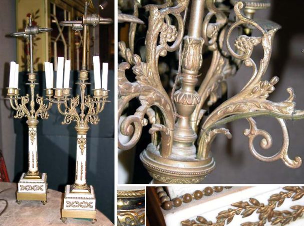 Lot image - Pair of Louis XVI Style Gilt-Metal and Marble Five-Light Candelabra