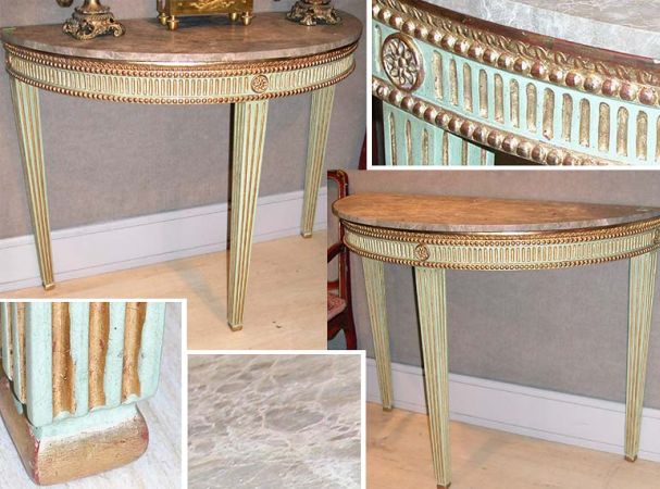 Lot image - Pair of Louis XVI Style Parcel Gilt and Green Painted Marble Top Demilune Consoles