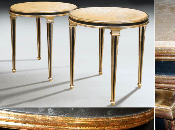 Lot image - Pair of Continental Neoclassical Style Gilt and Black Painted Marble Top Circular Side Tables