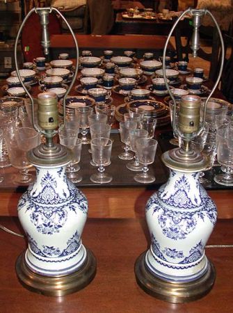 Lot image - Pair of Continental Gilt-Metal Mounted Blue and White Faience Lamps
