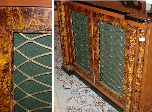 Lot image - Regency Style Black and Faux Tortoise Shell Painted Grille Inset Two-Door Side Cabinet