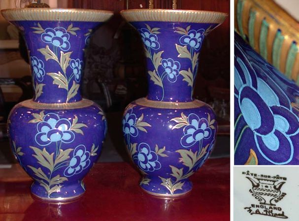 Lot image - Pair of English Floral Decorated Blue Glazed Porcelain Vases