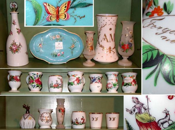 Lot image - Miscellaneous Group of Floral and Gilt Decorated Opaline Glass Articles
