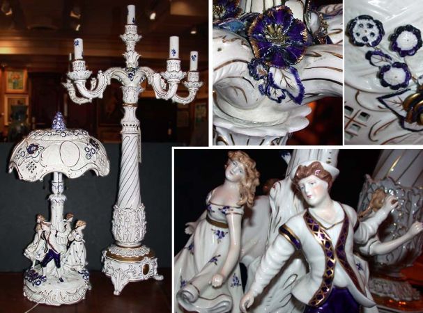 Lot image - German Porcelain Figural Lamp; Together with a German Porcelain Six-Light Candelabrum