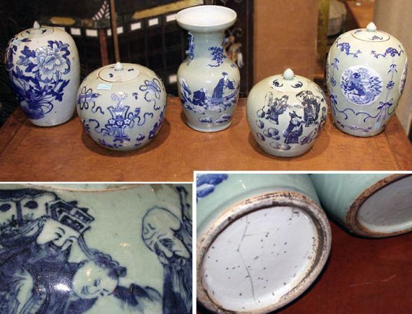 Lot image - Group of Four Chinese Celadon and Underglaze Blue Porcelain Articles; Together with a Chinese Blue and White Porcelain Jar