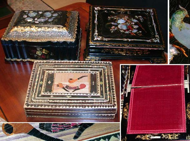 Lot image - Victorian Mother-of-Pearl and Gilt Decorated Black Papier Mache Lap Desk and Box; Together with an Inlaid Wood Pipe Box