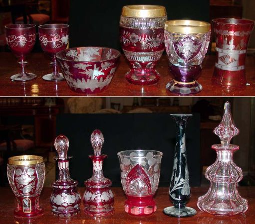 Lot image - Group of Twelve Bohemian Ruby, Amethyst and Clear Glass Articles