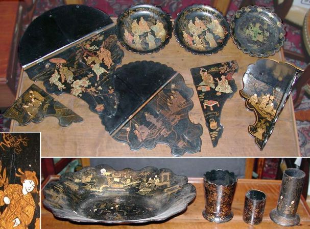 Lot image - Group of Ten Chinese Export Gilt Decorated Black Lacquered Articles