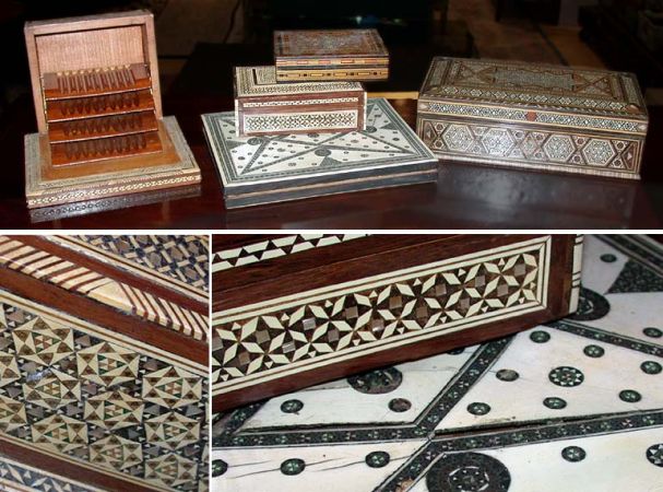 Lot image - Miscellaneous Group of Middle Eastern Bone, Mother-of-Pearl and Wood Inlaid Boxes