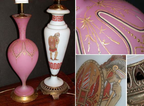 Lot image - Two Painted Opaline and Pink Glass Lamps