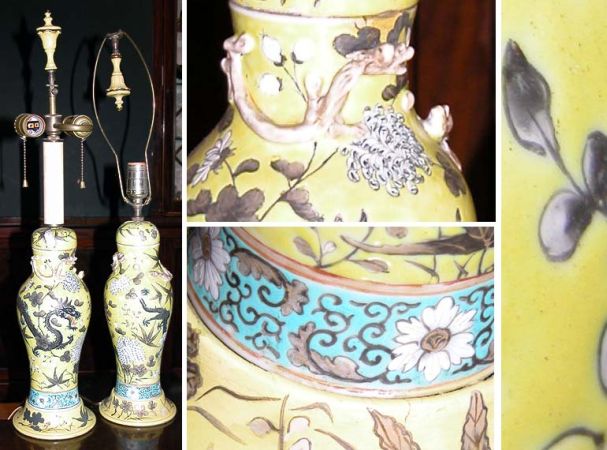 Lot image - Pair of Chinese Enamel Decorated Yellow Glazed Porcelain Lamps