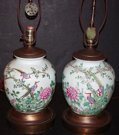 Lot image - Pair of Chinese Famille Rose Porcelain Lamps