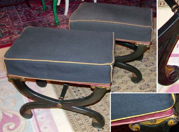 Lot image - Pair of Neoclassical Style Black Painted and Upholstered Rectangular X-Form Stools