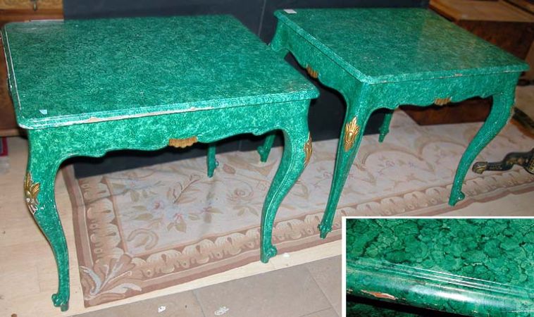 Lot image - Pair of Louis XV Style Faux Malachite Painted and Gilt Decorated Rectangular Single-Drawer Side Tables