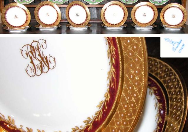 Lot image - Set of Twelve Dresden Gilt Decorated and Monogrammed Porcelain Luncheon Plates