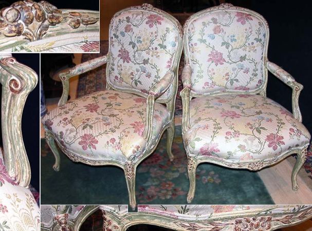 Lot image - Pair of Louis XV Gilt and Green Painted Armchairs