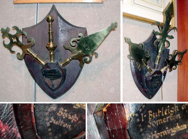 Lot image - Pair of English Brass and Oak Shield-Form Trophies