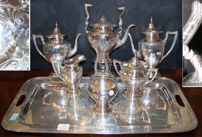 Lot image - American Sterling Silver Six-Piece Coffee and Tea Service with a Two-Handled Tray