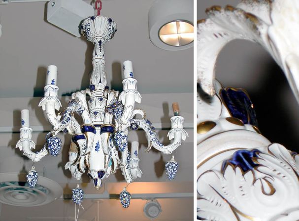 Lot image - German Gilt and Cobalt Blue Decorated Porcelain Six-Light Chandelier