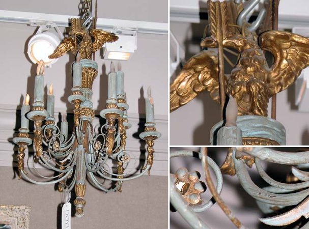 Lot image - Louis XVI Style Gilt and Painted Wood and Metal Twelve-Light Chandelier
