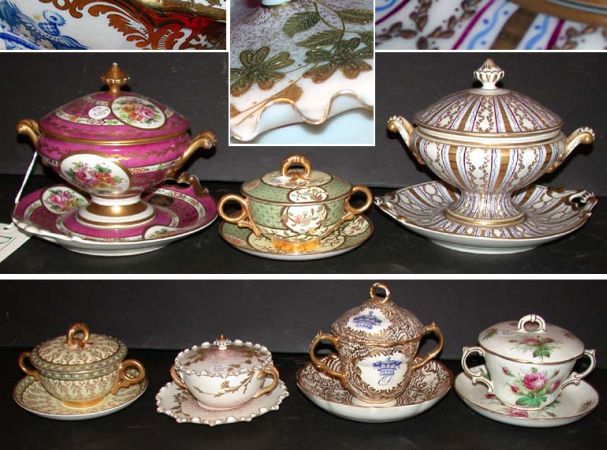 Lot image - Group of Five Porcelain Covered Cups and Saucers; Together with Two Porcelain Covered Sauce Tureens on Stand