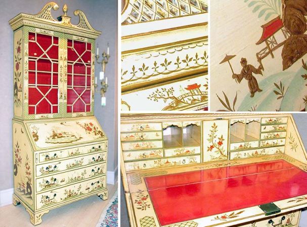 Lot image - George III Gilt Decorated Yellow Lacquered Secretary Bookcase