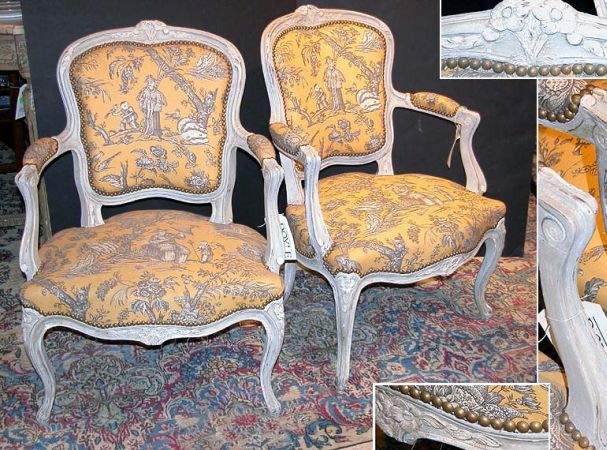 Lot image - Pair of Louis XV Style Gray Painted Armchairs