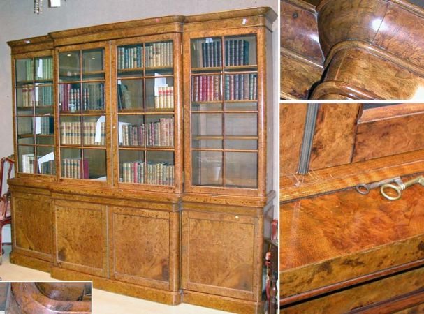 Lot image - Victorian Burl-Walnut Breakfront Bookcase