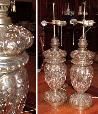 Lot image - Pair of Gilt Decorated Molded Glass Lamps