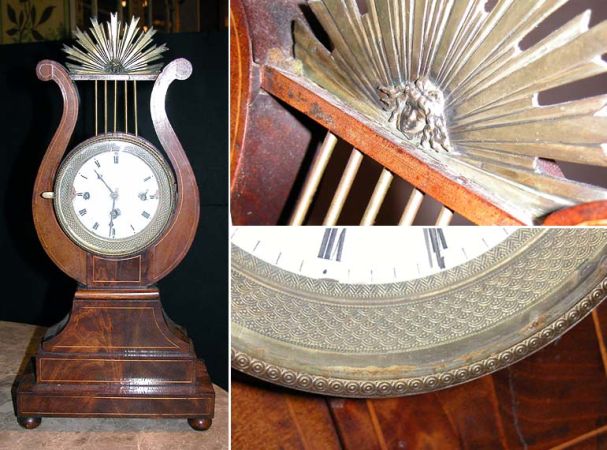 Lot image - Biedermeier Gilt-Metal Mounted Inlaid Mahogany Lyre-Form Mantel Clock