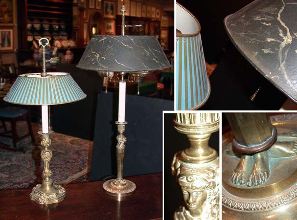 Lot image - Two French Gilt-Metal Bouillotte Lamps with Tole Shades