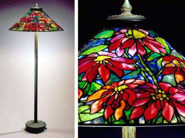 Lot image - Tiffany Studios Patinated-Bronze and Leaded Favrile Glass Poinsettia Floor Lamp