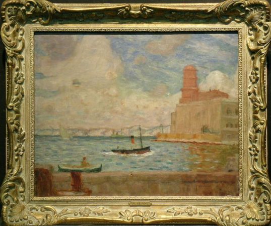 Lot image - Eugene Antoine Durenne French, 1860-1944 HARBOR SCENE WITH WHITE CLIFFS IN THE DISTANCE
