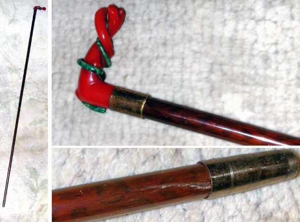 Lot image - Ladys Exotic Wood Walking Stick with Bakelite Handle Designed as a Snake Coiled around a Piece of Coral