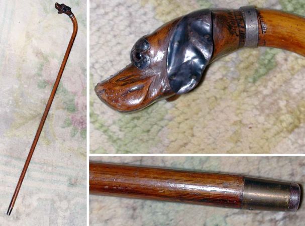 Lot image - Bentwood Walking Stick with Handle in the Form of a Dogs Head with Silver Accents