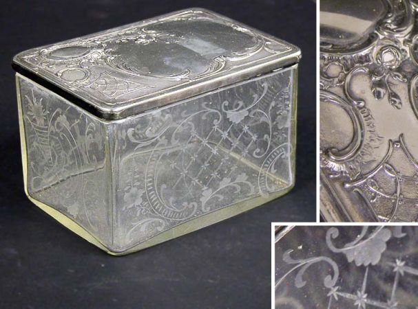 Lot image - Silver Plated Covered Etched Glass Dresser Box