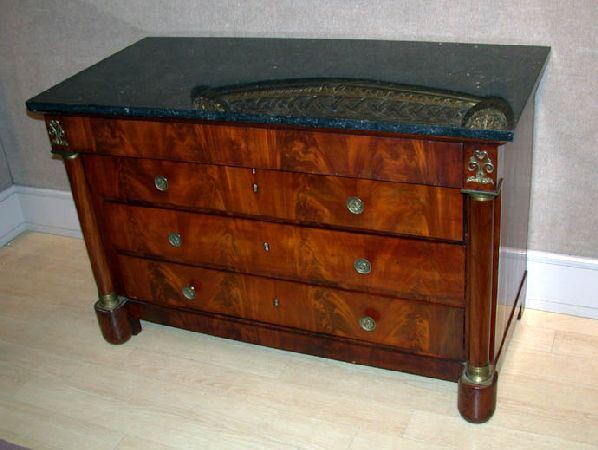 Lot image - Empire Style Gilt-Metal Mounted Mahogany Marble Top Chest