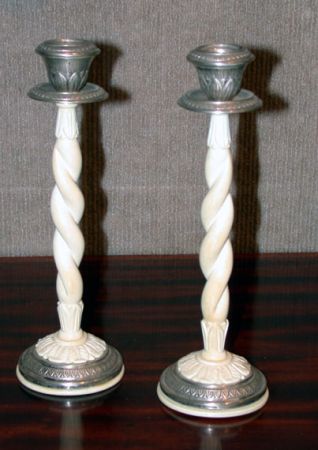 Lot image - Pair of Silver Mounted Carved Ivory Candlesticks