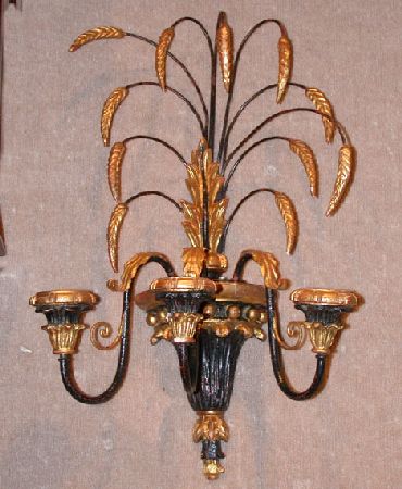 Lot image - Pair of Neoclassical Style Parcel Gilt and Painted Three-Light Sconces