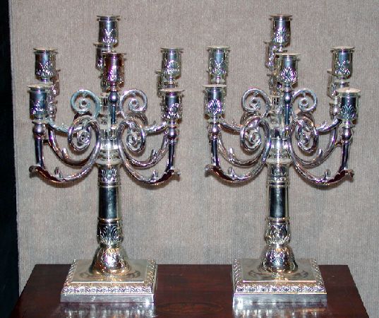 Lot image - Pair of Neoclassical Style Silver Plated Nine-Light Candelabra