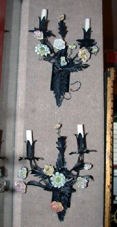 Lot image - Pair of Painted Metal and Ceramic Two-Light Sconces