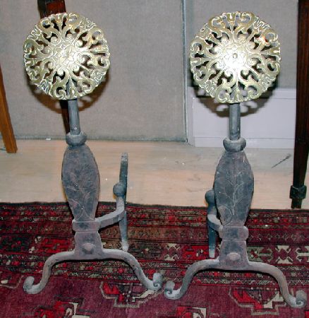 Lot image - Pair of Georgian Style Brass and Iron Andirons