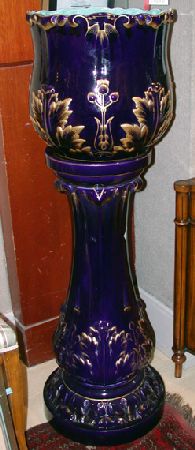 Lot image - Gilt Decorated Cobalt Pottery Jardiniere and Stand
