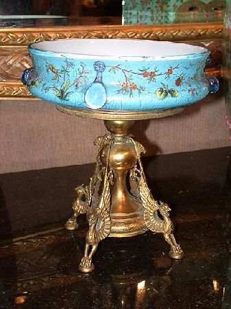 Lot image - Moser Style Enameled Glass Compote on Neoclassical Gilt-Metal Stand