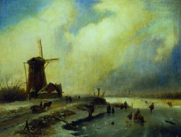 Lot image - L. De Bruyn Continental, 19th century FIGURES ON FROZEN CANAL