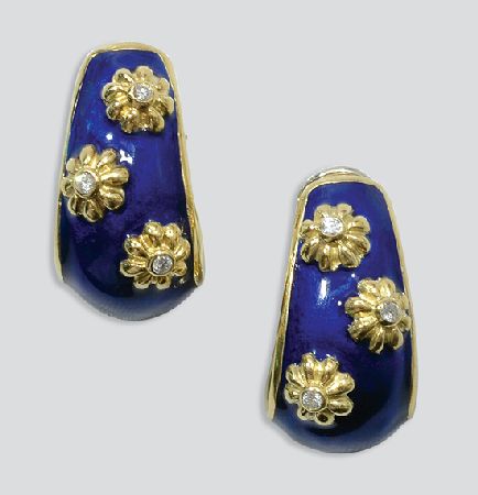 Lot image - Pair of Gold, Diamond and Blue Enamel Earrings